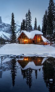 Preview wallpaper house, mountains, snow, lake, beautiful landscape