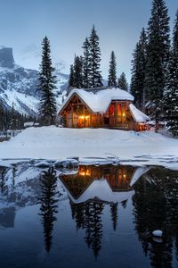 Preview wallpaper house, mountains, snow, lake, beautiful landscape