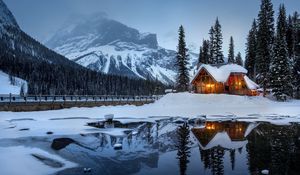 Preview wallpaper house, mountains, snow, lake, beautiful landscape