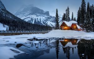 Preview wallpaper house, mountains, snow, lake, beautiful landscape
