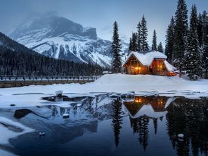 Preview wallpaper house, mountains, snow, lake, beautiful landscape