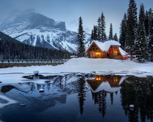 Preview wallpaper house, mountains, snow, lake, beautiful landscape