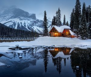 Preview wallpaper house, mountains, snow, lake, beautiful landscape