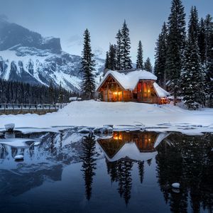 Preview wallpaper house, mountains, snow, lake, beautiful landscape