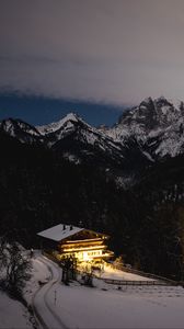 Preview wallpaper house, mountains, snow, twilight, landscape