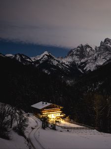 Preview wallpaper house, mountains, snow, twilight, landscape