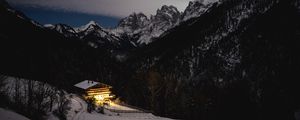 Preview wallpaper house, mountains, snow, twilight, landscape