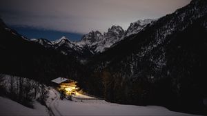 Preview wallpaper house, mountains, snow, twilight, landscape