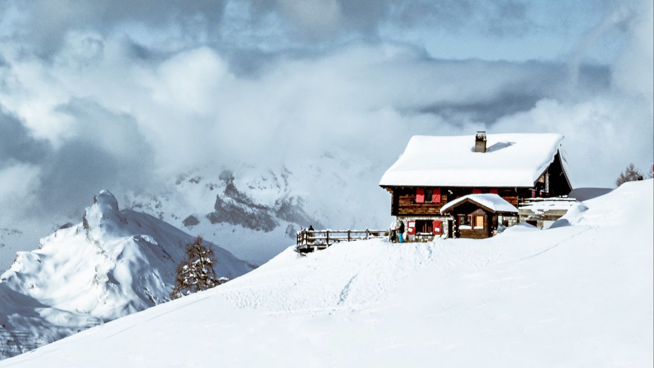 Wallpaper house, mountains, snow, clouds, nature