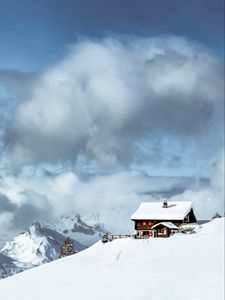 Preview wallpaper house, mountains, snow, clouds, nature