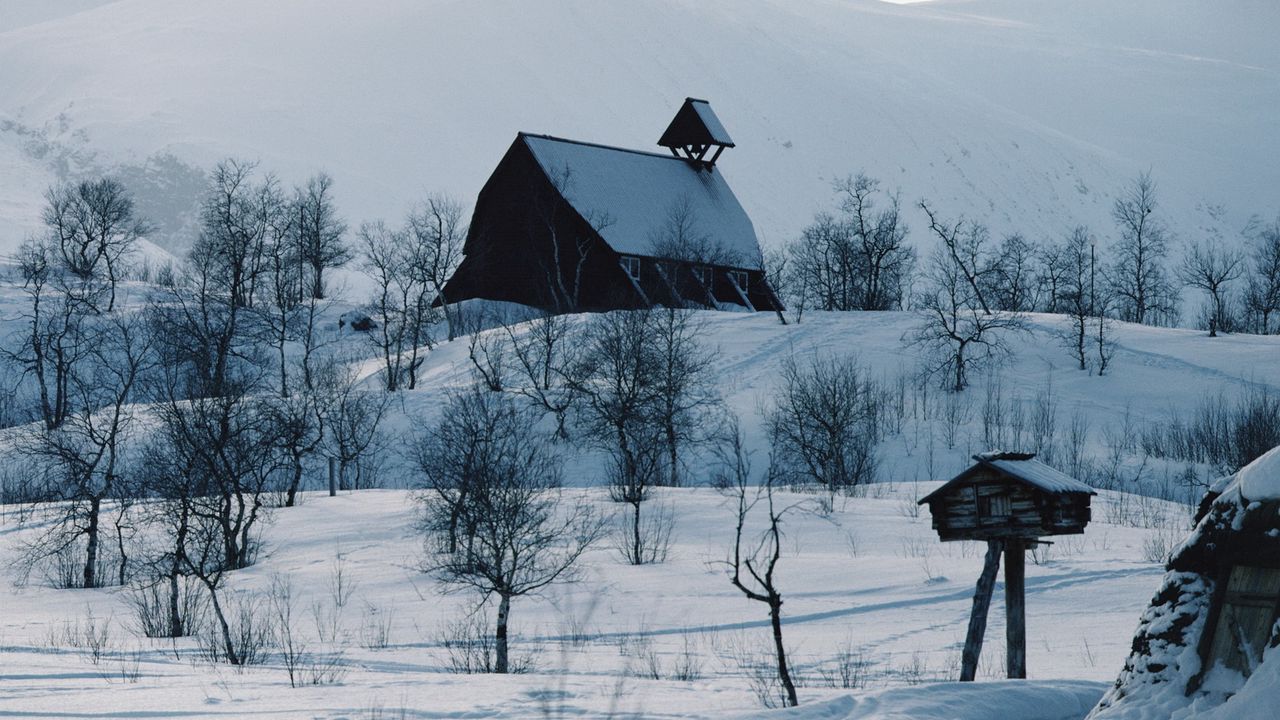 Wallpaper house, mountains, snow, log hut, mail box