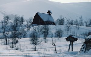 Preview wallpaper house, mountains, snow, log hut, mail box