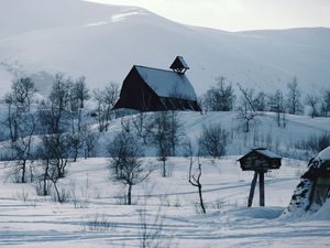 Preview wallpaper house, mountains, snow, log hut, mail box