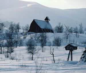Preview wallpaper house, mountains, snow, log hut, mail box