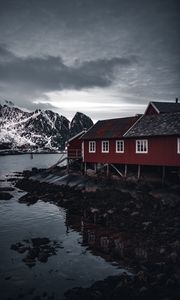 Preview wallpaper house, mountains, snowy, shore