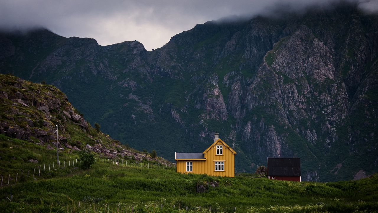 Wallpaper house, mountains, solitude, grass, clouds