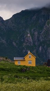 Preview wallpaper house, mountains, solitude, grass, clouds