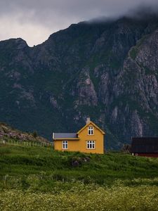 Preview wallpaper house, mountains, solitude, grass, clouds