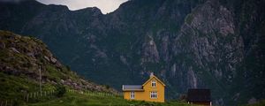 Preview wallpaper house, mountains, solitude, grass, clouds