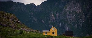 Preview wallpaper house, mountains, solitude, grass, clouds