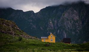 Preview wallpaper house, mountains, solitude, grass, clouds