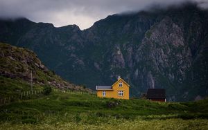 Preview wallpaper house, mountains, solitude, grass, clouds