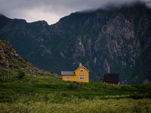 Preview wallpaper house, mountains, solitude, grass, clouds