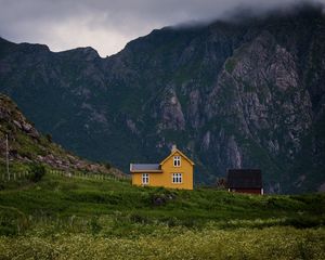 Preview wallpaper house, mountains, solitude, grass, clouds