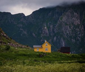 Preview wallpaper house, mountains, solitude, grass, clouds