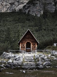 Preview wallpaper house, mountains, stones, nature, solitude
