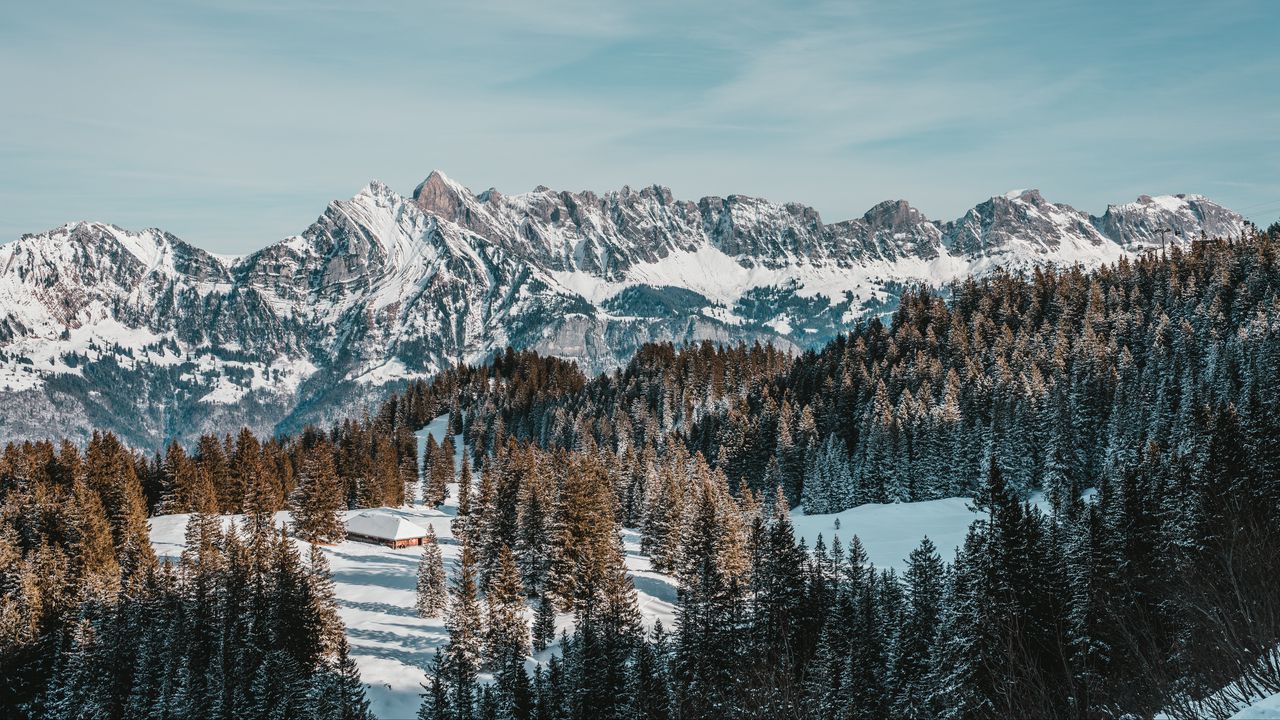 Wallpaper house, mountains, trees, snow, winter, nature