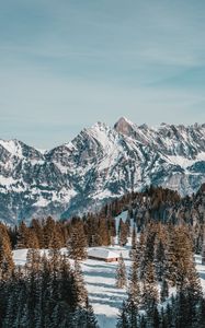 Preview wallpaper house, mountains, trees, snow, winter, nature