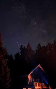 Preview wallpaper house, night, dark, trees, starry sky