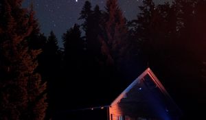 Preview wallpaper house, night, dark, trees, starry sky