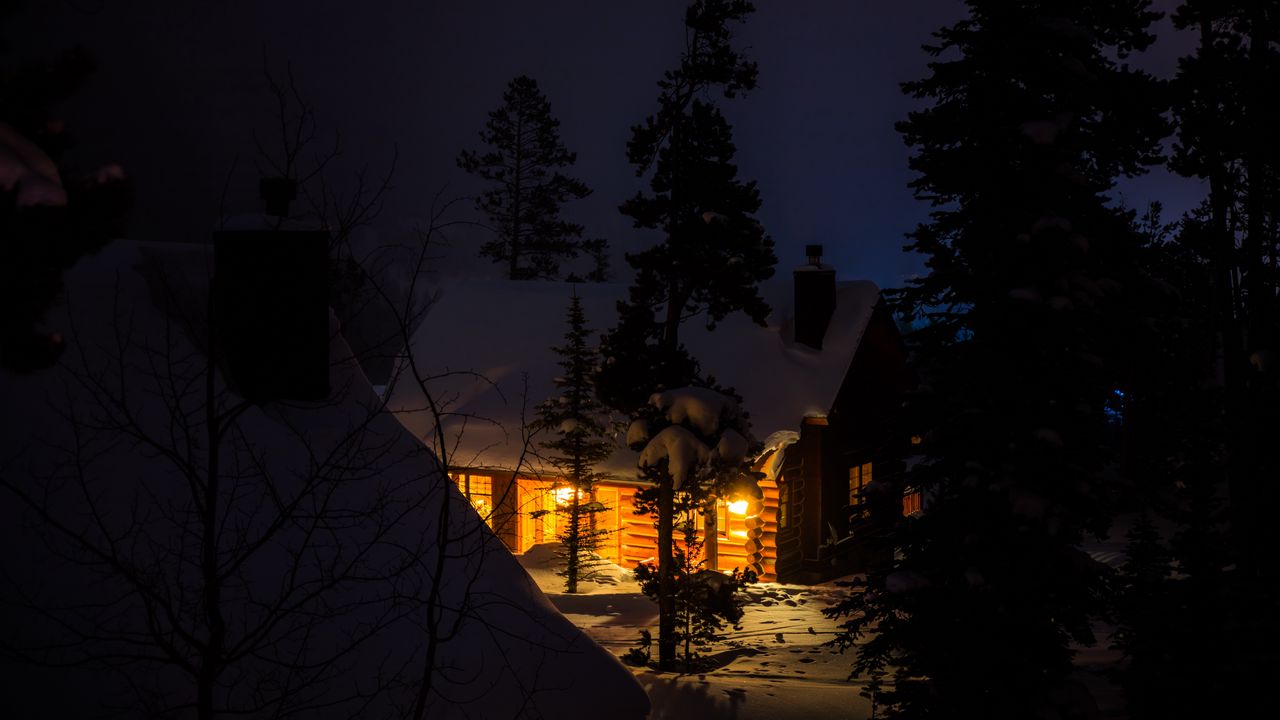 Wallpaper house, night, forest, winter, snow, trees