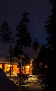 Preview wallpaper house, night, forest, winter, snow, trees