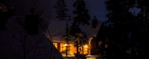 Preview wallpaper house, night, forest, winter, snow, trees