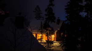 Preview wallpaper house, night, forest, winter, snow, trees