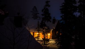 Preview wallpaper house, night, forest, winter, snow, trees