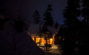 Preview wallpaper house, night, forest, winter, snow, trees