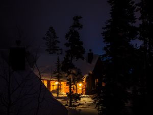 Preview wallpaper house, night, forest, winter, snow, trees