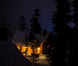 Preview wallpaper house, night, forest, winter, snow, trees
