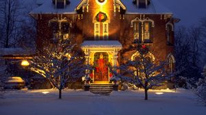 Preview wallpaper house, night, light, trees, holiday, christmas