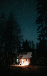 Preview wallpaper house, night, starry sky, trees, darkness, light