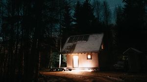 Preview wallpaper house, night, starry sky, trees, darkness, light