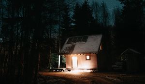 Preview wallpaper house, night, starry sky, trees, darkness, light