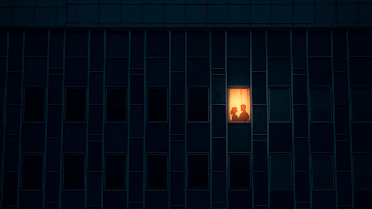 Wallpaper house, night, window, silhouettes, couple