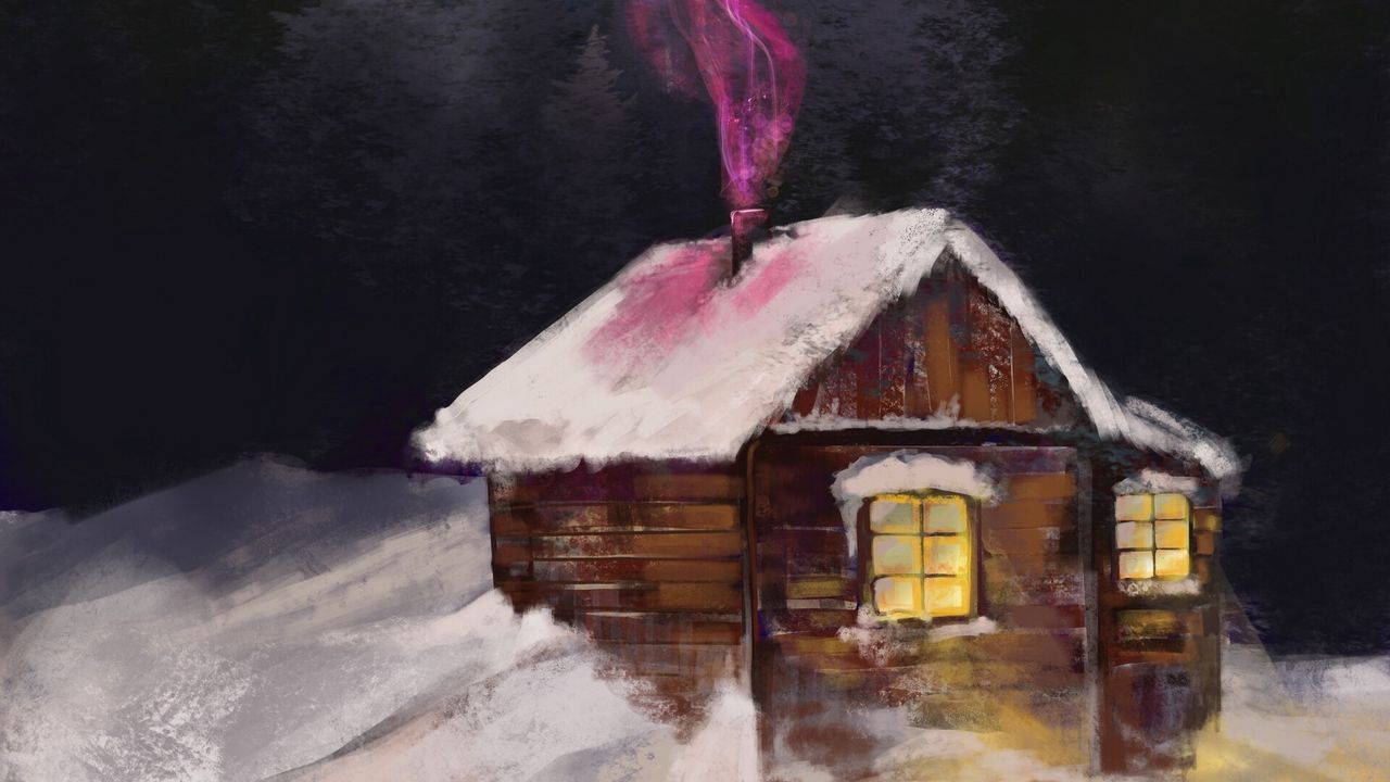Wallpaper house, night, winter, snow, smoke, art