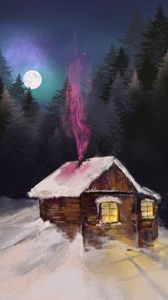 Preview wallpaper house, night, winter, snow, smoke, art