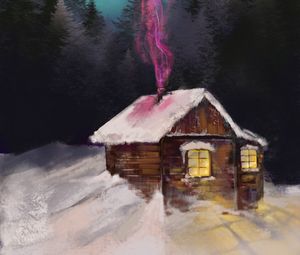 Preview wallpaper house, night, winter, snow, smoke, art